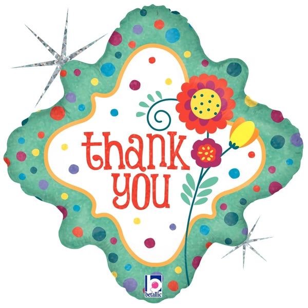 18" Holographic Packaged Thank You Dots & Flowers Balloon
