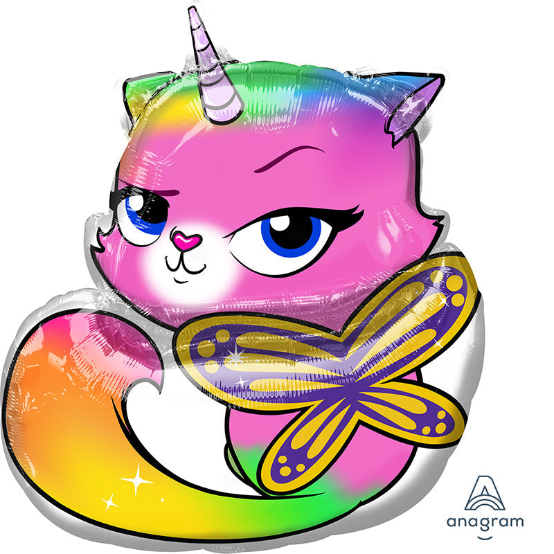 22" Rainbow Butterfly Unicorn Kitty SuperShape Foil Balloon