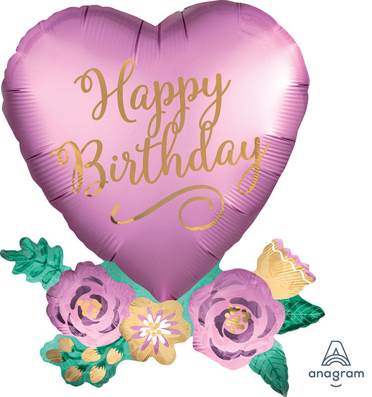 30" Jumbo Birthday Satin Heart with Flowers Foil Balloon