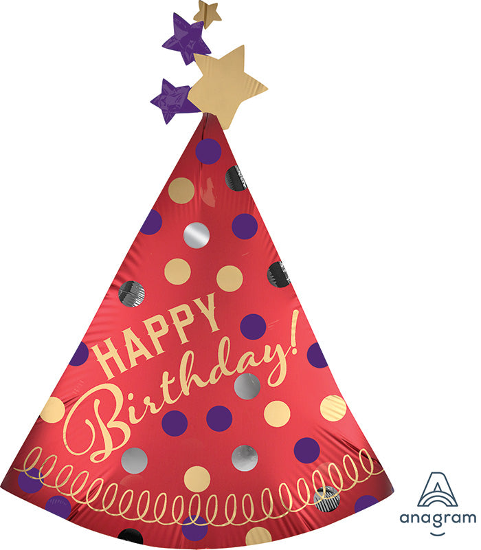 36" Jumbo Happy Birthday Red Satin Party Hat Foil Balloon