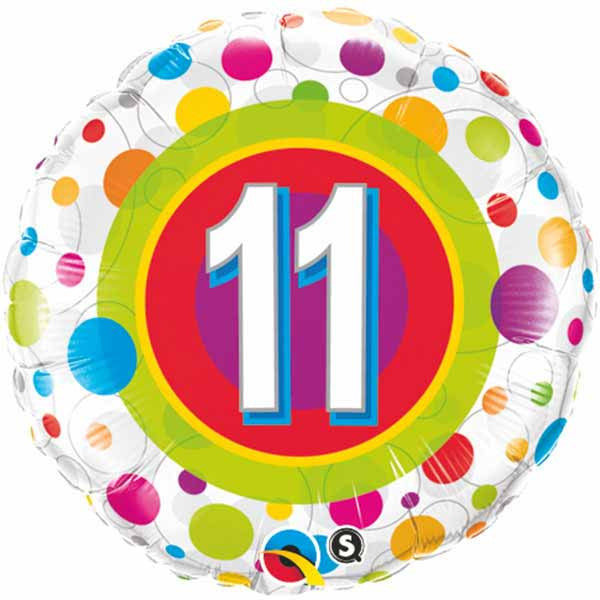 18" Age 11 Colourful Dots Packaged Mylar Balloon