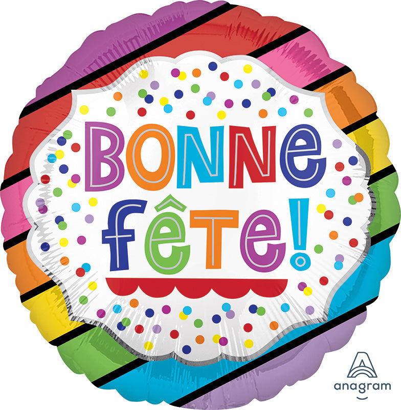 18" Bonne Fête Bright Stripes Foil Balloon