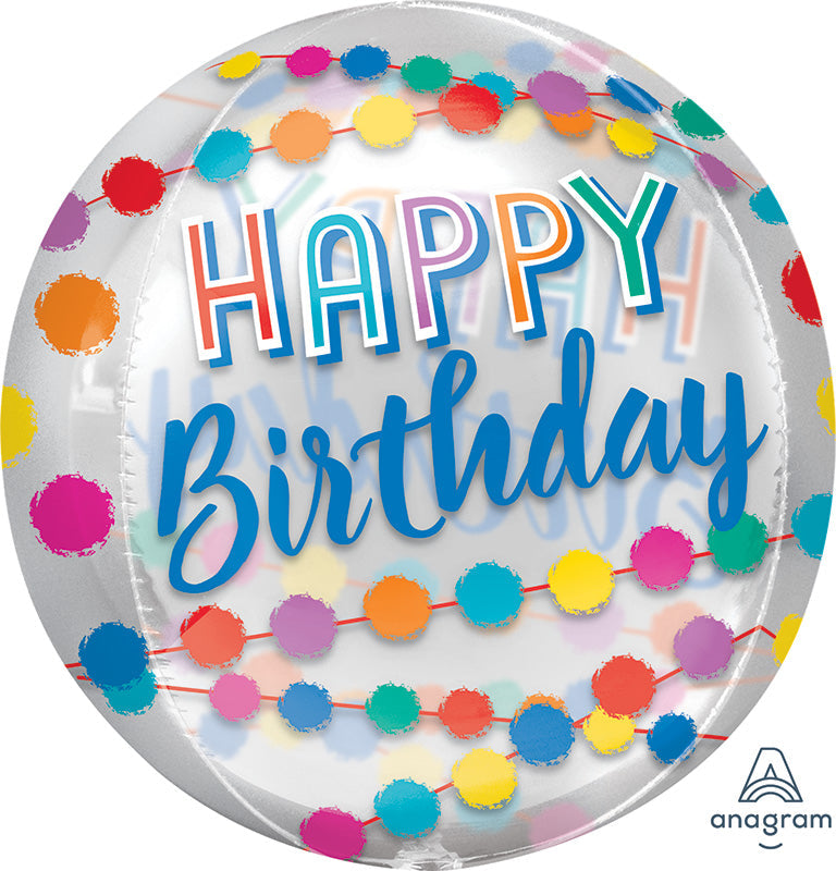 16" Happy Birthday Rainbow Puffs Orbz Clear Foil Balloon