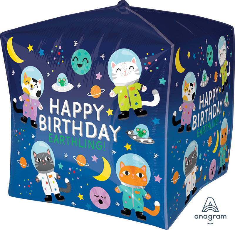 15" Happy Birthday Space Cats UltraShape Cubez Foil Balloon
