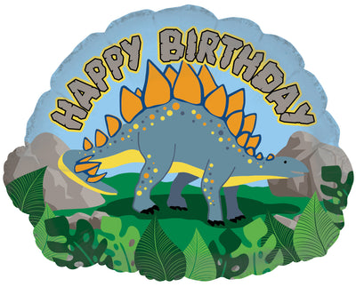 A vibrant scene featuring a stegosaurus among plants and rocks with the CTI 18