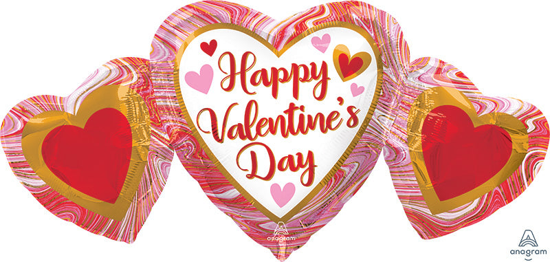 34" SuperShape Happy Valentine's Day Marble Heart Trio Foil Balloon