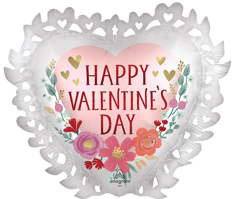 Flat Not Inflated 23" Happy Valentine's Day Satin Romantic Flowers Foil Balloon Manufactured By Anagram Amscan Leader in Foil Balloons/MD