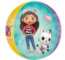 The 16" Jumbo Orbz Gabby's Dollhouse Foil Balloon by Anagram/MD features a girl with cat ears, curly brown hair, a pink jacket, jeans, and pink shoes beside a white cartoon cat on a colorful background with stars and playful cats.