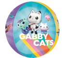 The 16" Jumbo Orbz Gabby's Dollhouse Foil Balloon by Anagram/MD displays cartoon Gabby Cats like a white cat with pink collar, green mermaid cat, and unicorn cat on a rainbow background with “GABBY CATS” text.