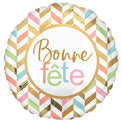 Celebrate with the 28" Bonne Fête Pastel Celebration Foil Balloon by Anagram/MD, featuring gold "Bonne fête" lettering and a pastel chevron design—ideal for birthday festivities!.