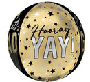 The 16" Orbz Jumbo Stripes on Stripes Grad Foil Balloon by Anagram/MD features a round design with gold, black, and silver stripes and celebratory text for graduation.