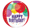 Le ballon Jumbo Orbz Birthday Balloons 16" d'Anagram/MD comporte des confettis, des serpentins, des ballons colorés et des lettres bleues "HAPPY BIRTHDAY" au centre.