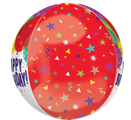 The 16" Jumbo Orbz Birthday Balloons Foil Balloon by Anagram/MD features bold Happy Birthday! text on vibrant white and red panels decorated with multicolored stars, confetti, and streamers.