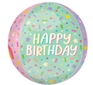 The Anagram/MD 16" Jumbo Orbz Ice Cream Party Birthday Foil Balloon features pastel colors, star and confetti sprinkles, and “HAPPY BIRTHDAY” in bold letters on a light blue-green background.