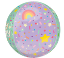 El Globo Jumbo Orbz Ice Cream Party Birthday de 16" de Anagram/MD tiene un vibrante fondo morado con estrellas amarillas, un arco iris y confeti multicolor, bordeado por una franja verde.