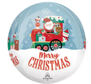 The 16" Orbz North Pole Express Christmas Foil Balloon by Anagram/MD features Santa, a reindeer, and a snowman aboard a red train with gifts. Snowflakes fall, and "Merry Christmas" appears in bold red letters below the festive scene.