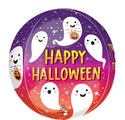 The 16" Orbz Trick or Treat Halloween Foil Balloon by Anagram/MD features cheerful white ghosts holding pumpkins with “Happy Halloween” in bold yellow letters on a purple and orange gradient starry background.