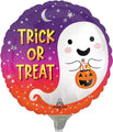 9″ Aifill Only Satin Trick or Treat Foil Balloon featuring a cartoon ghost holding a jack-o-lantern candy bucket, with the text TRICK OR TREAT against a purple and orange background.