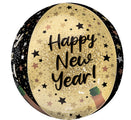 El Anagrama/MD 16" Orbz Natural Sparkle Happy New Year Foil Balloon presenta estrellas doradas, negras y blancas, confeti, una ilustración de una botella de champán y el texto "¡Feliz Año Nuevo!".