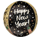 Le ballon Orbz Natural Sparkle Happy New Year Foil Balloon de 16 pouces d'Anagram/MD présente des étoiles dorées, blanches et noires avec un grand message "Happy New Year !" et deux mains faisant sauter des bouteilles de champagne au bas du ballon.