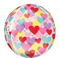 The Anagram/MD 16" Orbz Happy Valentine's Day Hearts on Hearts Foil Balloon features overlapping red, pink, purple, yellow, and blue hearts on a white background for a vibrant, festive look.