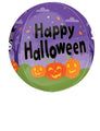 The 16" Orbz Monster Mingle Halloween Foil Balloon by Anagram/MD features a round design with a purple background, green grass, three orange jack-o-lanterns, "Happy Halloween" in bold black letters, and playful ghosts, bats, and stars.