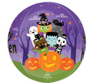 The 16" Orbz Monster Mingle Halloween Foil Balloon by Anagram/MD features cartoon monsters and jack-o-lanterns on a purple, tree-lined background—perfect for your Halloween celebrations.