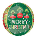 The 16" Orbz Beary Christmas Foil Balloon by Anagram/MD is a round green balloon decorated with ornaments, snowflakes, branches, and features "Merry Christmas" in festive, colorful letters.