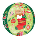 The 16" Orbz Beary Christmas Foil Balloon by Anagram/MD features festive designs with a teddy bear in a stocking, candy canes, holly, ornaments, and presents on a green snowflake background.