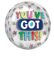 The 16" Orbz Clear You've Got This! Foil Balloon by Anagram/MD features colorful "YOU'VE GOT THIS!" lettering on a white background with multicolored starbursts.
