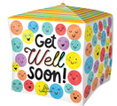 The 15" UltraShape Cubez Get Well Soon! Foil Balloon by Anagram/MD features smiling, multicolored faces and "Get Well Soon!" in big letters on a white background with a striped top.