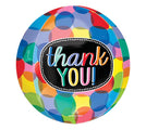 The 16" Orbz Clear Bubbly Thank You Foil Balloon by Anagram/MD features vibrant overlapping spots and "thank YOU!" in bold, playful letters on a central black oval.