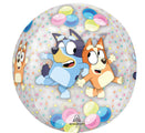 The 16" Orbz Clear Bluey and Bingo Foil Balloon by Anagram/MD features Bluey and Bingo dancing among colorful bubbles on a translucent background—perfect for adding fun to any Bluey-themed party.