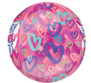 El Globo Orbz de 16" Happy Mother's Day Layered Hearts de Anagram/MD presenta corazones de colores en rosa, morado, verde azulado y rojo superpuestos sobre un fondo rosa con el texto "Happy Mother's" visible a los lados.