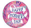 The 16" Happy Mother's Day Layered Hearts Orbz Foil Balloon by Anagram/MD features a round shape with pink and purple heart patterns, a white ribbon design, and "Happy Mothers Day!" in blue letters.