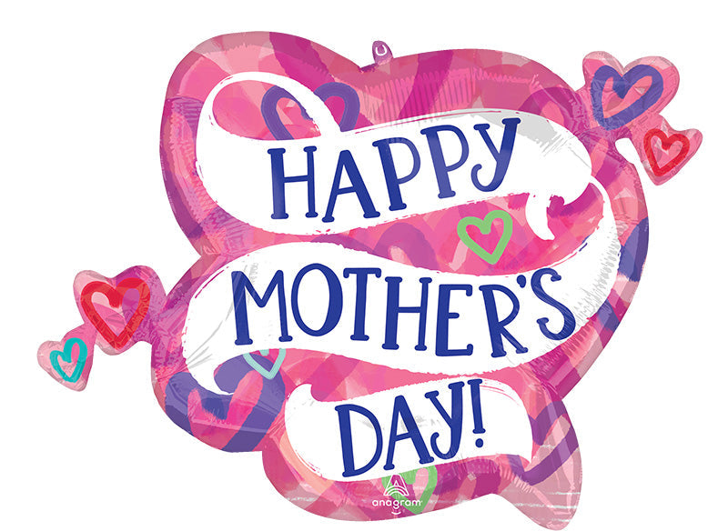 28 Inch Happy Mothers Day Layered Hearts SuperShape Made by Anagram Uninflated Foil/Mylar Balloon Manufactured by Anagram Balloons International.