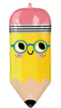 The 31" Write On Pencil SuperShape Foil Balloon by Anagram/MD is a yellow pencil-shaped balloon with a pink eraser, cute smiling face, round blue glasses, and rosy cheeks.