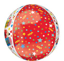 The 16" Write On Back to School Orbz Foil Balloon by Anagram/MD features a red background with multicolored confetti, stars, wavy lines, and fun comic book-style panels.