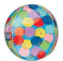 The 16" Orbz Sunny Balloons Birthday Foil Balloon by Anagram/MD features vibrant overlapping circles, confetti, and "Happy Birthday!" partially visible on both sides.