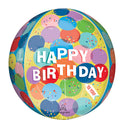The 16" Orbz Sunny Balloons Birthday Foil Balloon by Anagram/MD features a colorful round design with multicolored balloons, confetti, bold HAPPY BIRTHDAY text, and a small "TO YOU!" tag in the lower right corner.