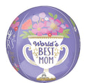 The 16" Happy Mother's Day World's Best Mom Orbz Foil Balloon by Anagram CD is round and purple, featuring a trophy-shaped vase with colorful flowers and “World's Best Mom” written in blue and gold letters.