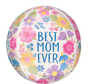 The 16" Mother's Day Botanical Lines Orbz Foil Balloon by Anagram/MD features colorful flowers and "BEST MOM EVER" in bold blue letters on a white background.