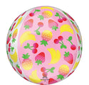 The Anagram/MD 16" Sweet Summer Fruity Mix Orbz Foil Balloon features a round shape with a pink background, vibrant illustrations of strawberries, cherries, bananas, pineapples, and is bordered by white panels.