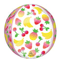 El Globo Orbz de 16" Sweet Summer Fruity Mix de Anagram/MD tiene un fondo blanco con coloridos plátanos, fresas, cerezas y piñas, acentuados por un borde rosa.