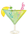 The Anagram/MD 36" SuperShape Cocktail Surprise Foil Balloon features a martini glass filled with a green drink, garnished with a lemon slice, olive, pink curly straw, and decorated with colorful bubbles and star shapes inside.