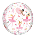 The Anagram/MD 16" Orbz Ballerina Girl Birthday Foil Balloon features five ballerinas in pink tutus, ballet shoes, flowers, gold hearts, and "Happy Birthday" in pink script.