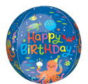 The 16" Orbz Cute Octopus Birthday Foil Balloon by Anagram/MD features colorful sea animals—octopus with cupcake, turtle, fish, and crab—with "Happy Birthday" in bright letters for a festive celebration.
