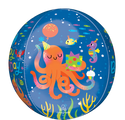 The Anagram/MD 16" Orbz Cute Octopus Birthday Foil Balloon features a cheerful orange octopus in a party hat with a gift and cupcake, surrounded by sea creatures and bubbles, with "Happy Birthday" on a blue underwater background.