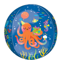 The 16" Orbz Cute Octopus Birthday Foil Balloon by Anagram/MD features an orange octopus in a party hat with a present, cupcake, and balloon, surrounded by sea creatures on a blue ocean-themed background.