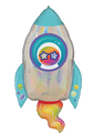 The 29" Holographic SuperShape Outer Space Foil Balloon by Anagram/MD features a shiny rocket design with blue fins, colorful flame, and sticker-style graphics like a peace sign, alien face, smiley, and star-glasses astronaut.